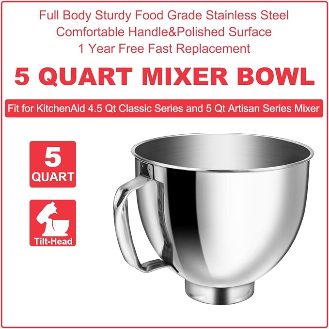 5 Quart Stainless Steel Mixer Bowl for Kitchenaid 4.5/5 Qt Tilt-Head Mixer | 18/8 Stainless Steel, Heavy Duty, Dishwasher Safe, Mixing Bowl and Whisk Attachment for Kitchenaid K45 KSM75 KSM90 KSM150