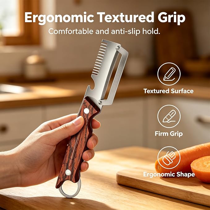 2-Pack Multifunctional Vegetable Peeler, 3 in 1 Kitchen Peeler with Wooden Handle, Bottle Opener & Storage Hanging Hole, for Fruits and Vegetables