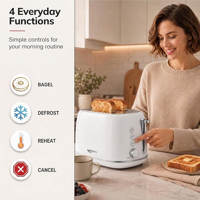Keenstone 2 Slice Toaster, Retro Stainless Steel Kitchen Essentials, White | Retro Kitchen Decor, 18/8 Food-Grade Steel, 1.5” Slots & 6 Browning Levels, Bagel/ Defrost/ Reheat, Removable Crumb Tray