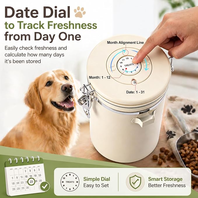 Dog Treat Container Airtight, 1.3 Qt 304 Stainless Steel Dog Treat Jar & Pet Treat Canister with Scoop, Date Dial, Locking Clamp, Silicone Seal for Dog Biscuits, Cookies, Training Snacks