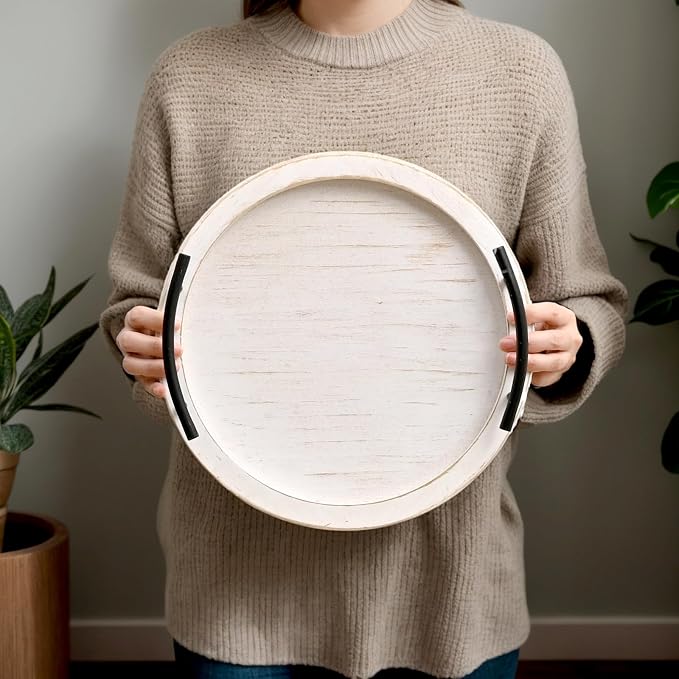 SwallowLiving White Wooden Beaded Serving Tray with Handle Decorative Rustic Whitewashed Tray for Coffee Table Farmhouse Round Tray for Kitchen, Living Room and Bedroom