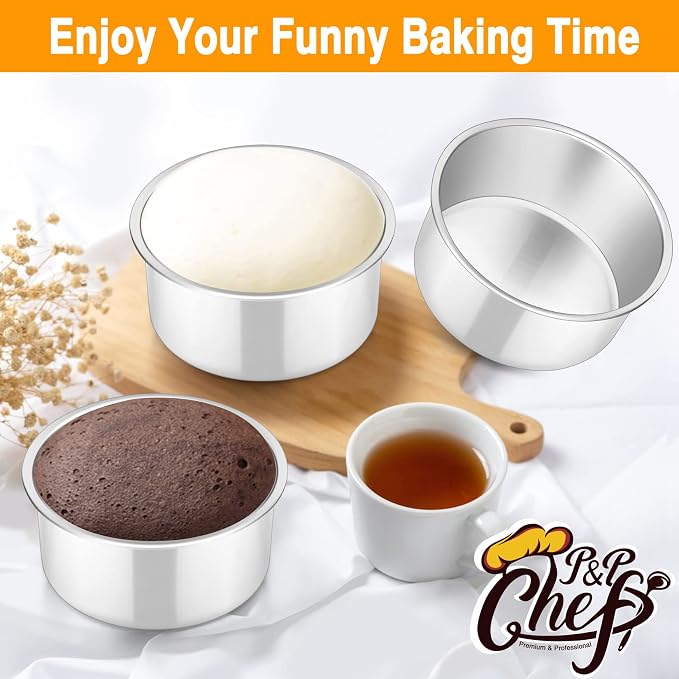 P&P CHEF 4 Inch Round Cake Pan Set of 3, Stainless Steel Baking Cake Pans | Round Baking Cake Pan Bakeware for Layer Birthday Cake, Fit Oven/Pots/Pressure Cooker, Leakproof & Dishwasher Safe, Silver