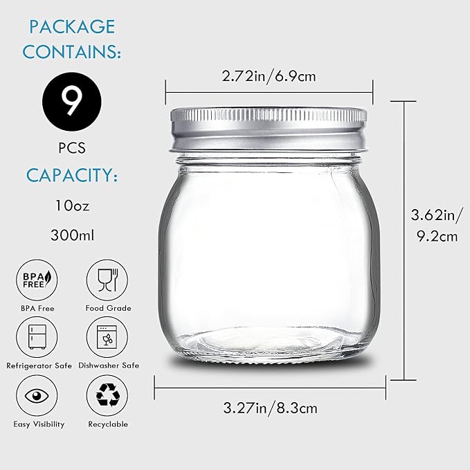 YEBODA 10 oz Wide Mouth Mason Jars with Lids, Glass Canning Jars, 9 Pack | Clear glass quart jars with two-piece lids and bands for canning, pickling, meal prep, overnight oats, and pantry storage.