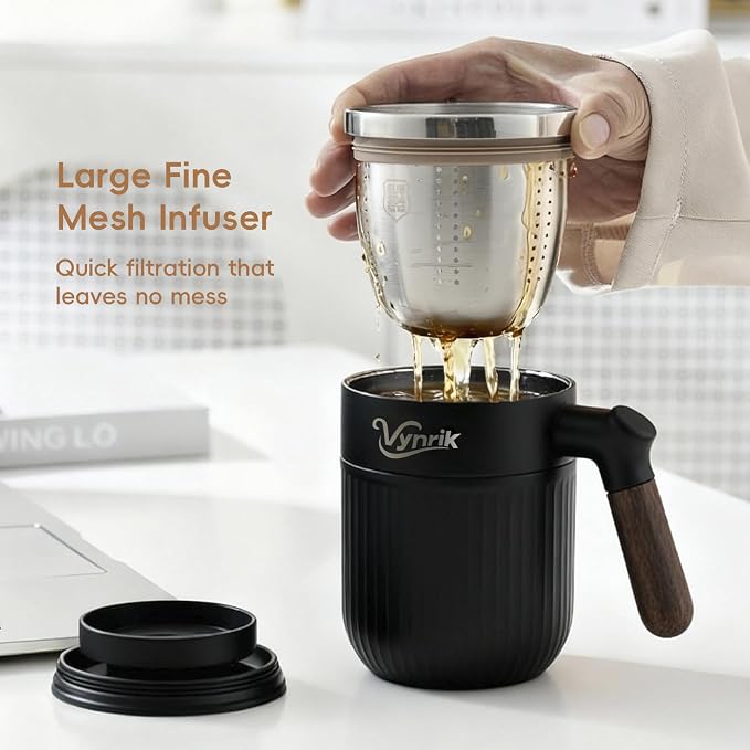 Tea Infuser Cup Doubles As Insulated Coffee Mug, Tea Cup With Lid And Handles, Removable Stainless Steel Tea Strainers For Loose Tea (Black)