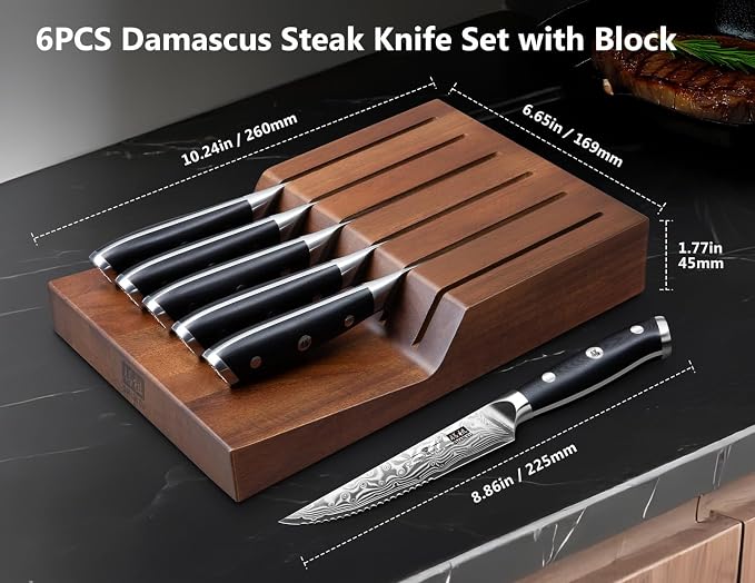 SHAN ZU Steak Knife of 7, 4.5 Inch Damascus Steak Knife Set with Block | Japanese High Carbon Steel Kitchen Serrated Knives Set with Ergonomic G10 Handle and Gift Box