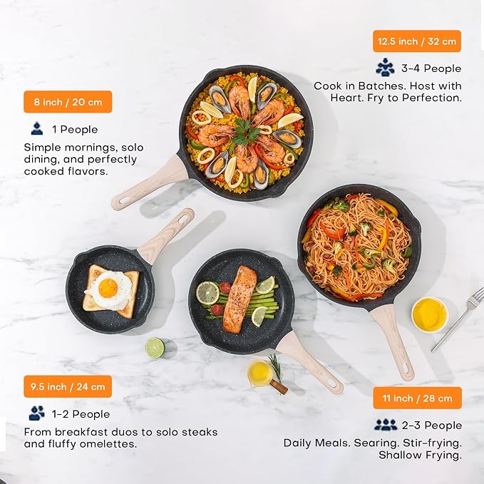 Kordisen Nonstick Frying Pan Set, 3 Piece Skillet Set, Healthy Induction Cookware Cooking Pan, Stay-Cool Handle, Compatible with All Stovetops, PFOA Free (9.5, 11, 12.5 Inch)