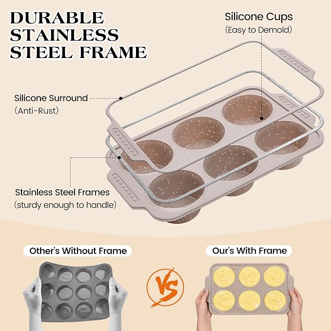 2 Pcs Silicone Jumbo Muffin Pan with Metal Frame, Non Stick Silicone Egg Molds with Handles, Round Silicone Molds for Baking for Oven, BPA Free (Brown, Cream
