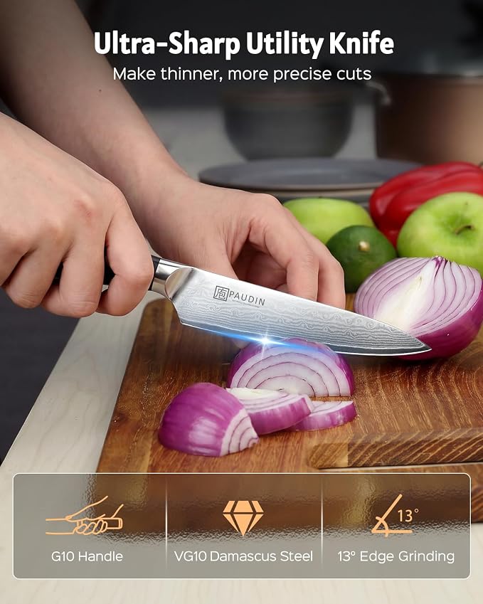 PAUDIN Utility Knife 5'', 67-Layer Forged Damascus Kitchen Knives | Ultra Sharp Petty Knife, Paring Knives for Cutting Fruit and Vegetables, Full Tang G10 Handle with Triple Rivets