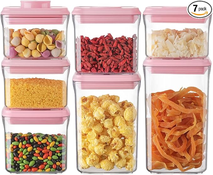 Airtight Food Storage Container - 7 Pcs One Button Handy Container Stackable Food Containers for Snacks Candy Salt Herbs Spices Coffee Bean Formula Popcorn BPA-Free Tight Seal