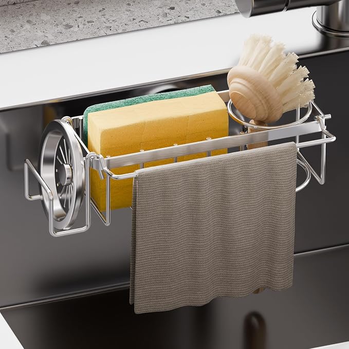 TAILI 4-in-1 Sponge Holder for Kitchen Sink with Strong Suction Cup-Silver | Removable Rustproof 304 Stainless Steel Multi-compartment Sponge Holder with Suction Cup, Keeps Brushes & Scrubbers Tidy