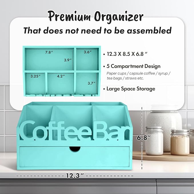 Coffee Bar Organizer Countertop, Wood Coffee Station, Drawer, Turquoise | K-Cups, Tea Bags, Sugar Packets & Creamers