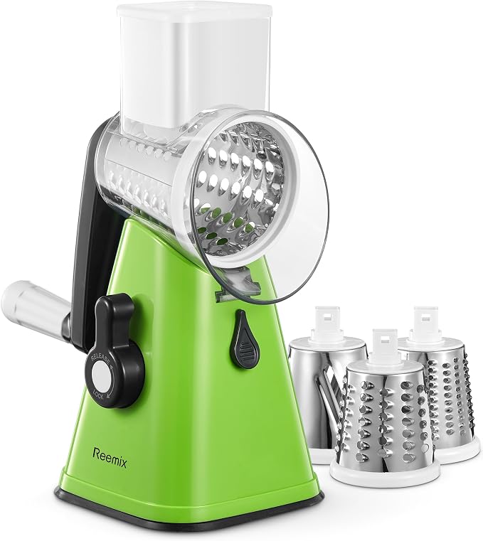 Rotary Cheese Grater with Handle, Reemix Vegetable Cheese Grater | Shredder Slicer Grater for Kitchen 3 Changeable Blades for Cheese Potato Zucchini Nuts Chocolate (Green)