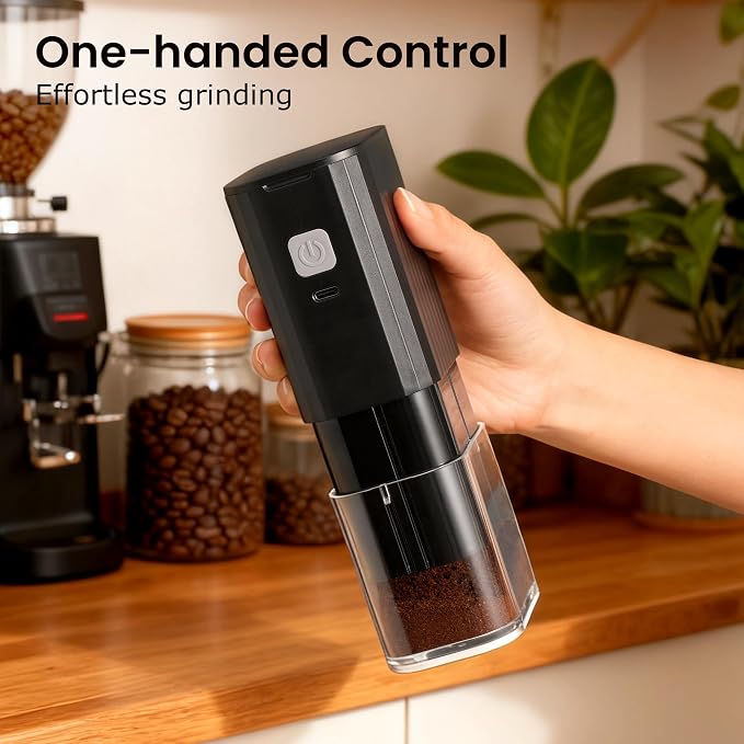 VEVOK CHEF Portable Electric Coffee Grinder,Adjustable Conical Burr Coffee Bean Mill,One-Button Grinder with USB Rechargeable,Auto‑Stop for Espresso to French Press,for Outdoor Use(Black)