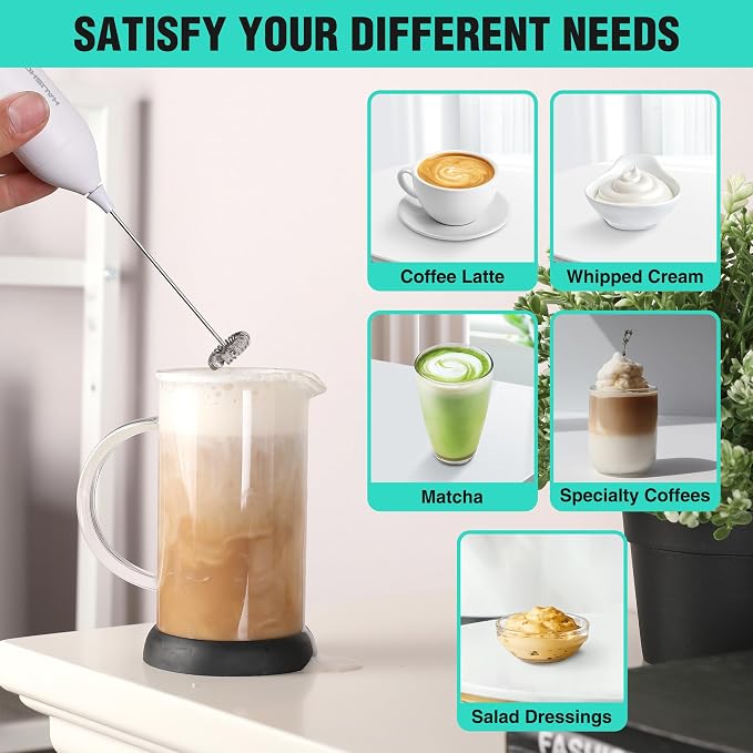 HAUSHOF Handheld Rechargeable Milk Frother Wand, Electric Coffee Mixer | Portable Coffee Frother, Detachable Stainless Steel Whisk, Drink Mixer for Matcha, Latte, Cappuccino, No Stand, White