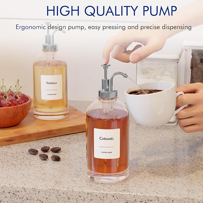 16.9 oz/500 ml Coffee Syrup Dispenser Set - 6 Glass Bottles with Silver Pumper and Syrup Labels - Precise Dispensing and Stylish Addition to Coffee Shop, Cafe or Home Bar