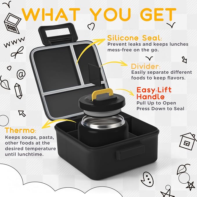 Bento Lunch Box for Kids with 8oz Thermo Containers for School,Camping | Vacuum Insulated Food Jar,Leakproof Silicone-Seal,5 Compartments with Dividers,Dishwasher & Refrigerator Safe,BPA-Free