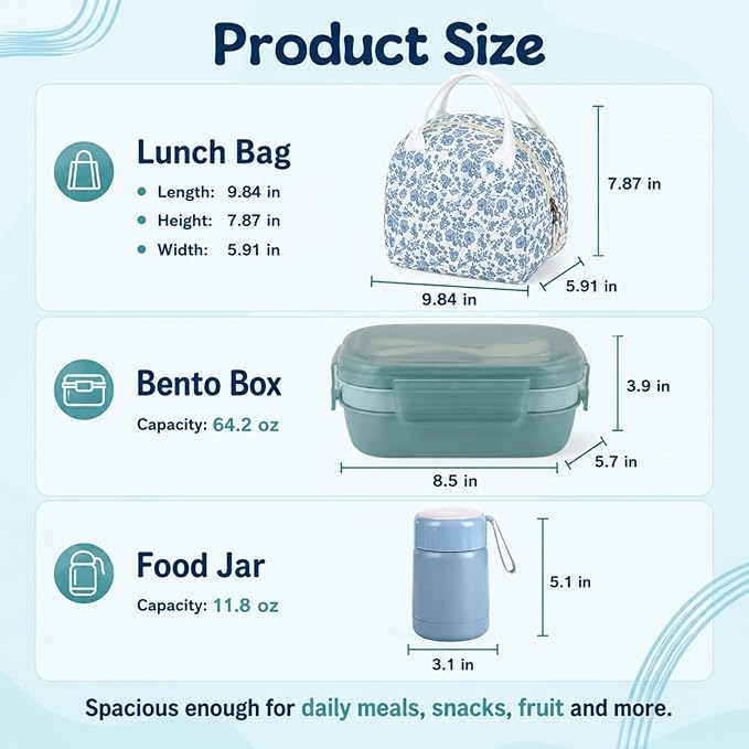 Bento Lunch Box Set for Women, with 12oz Soup Thermo, with Leak-Proof Food Containers, Insulated Lunch Bag for Girls for Travel Picnic