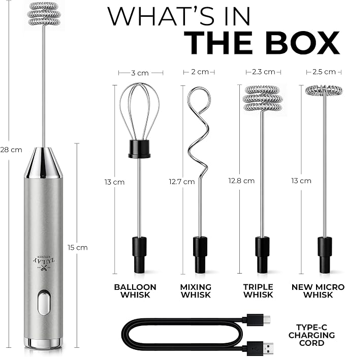 Zulay Kitchen Rechargeable Milk Frother Handheld - Frother Wand, Drink Mixer, Electric Whisk Frother, for Cappuccinos, Matcha & Protein Powder - Ultra Metal 4 Whisk, 1800mAh Silver