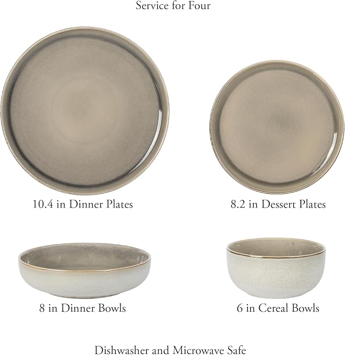 Gibson Elite Sunveil 16 Piece (Service for 4) Plates and Bowls Reactive Glaze Round Dishes Stoneware Ceramic Dinnerware Set - Light Taupe