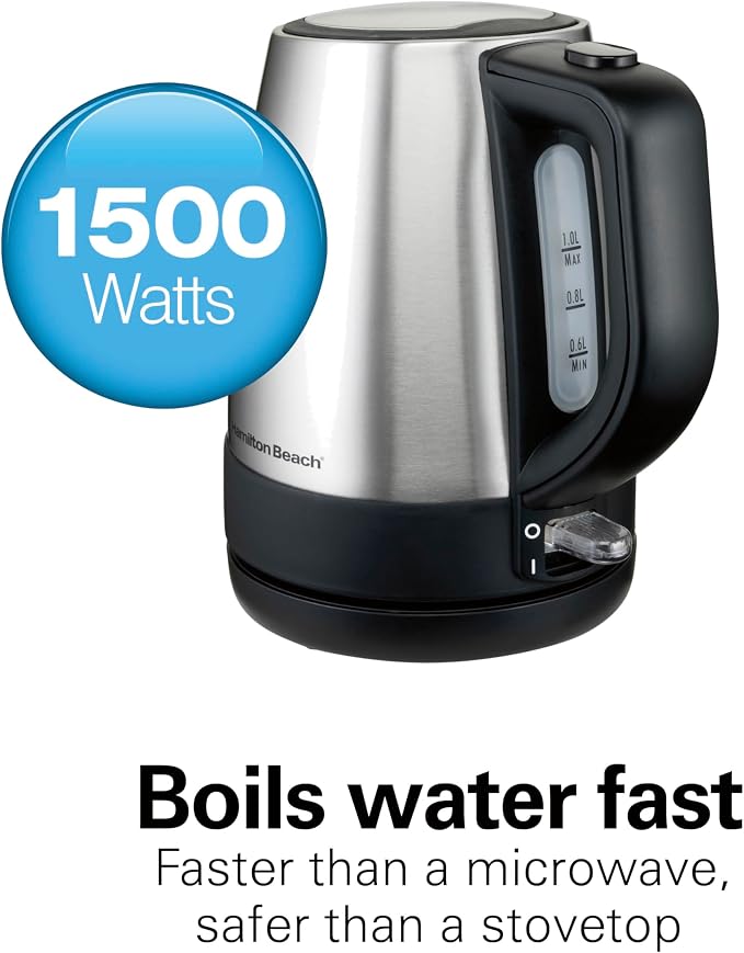 Hamilton Beach 1 Liter Electric Tea Kettle, Water Boiler & Heater | Fast Boiling 1500 Watts | BPA Free | Cordless Serving | Auto-Shutoff & Boil-Dry Protection | Mesh Filter | Stainless Steel