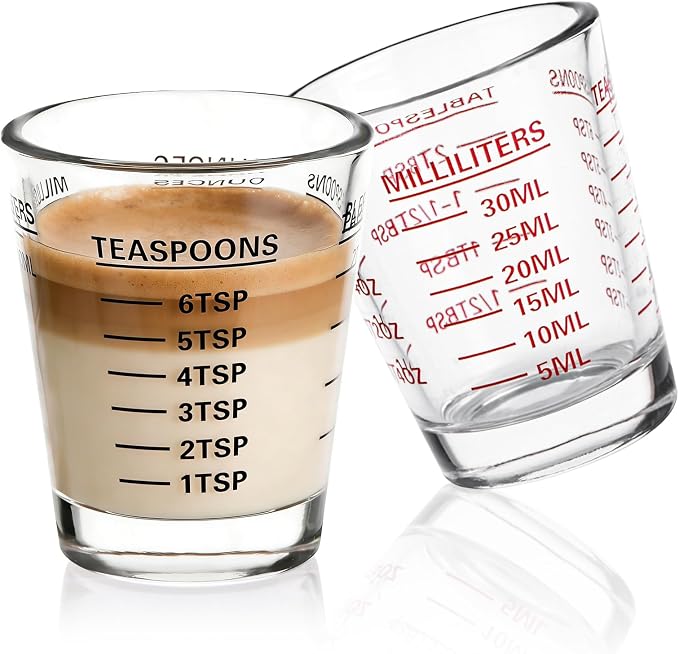 Shot Glass Measuring Cup Set, 2 Pack Espresso Shot Glasses (RED&Black) | Glass measuring cups feature 26 markings up to 1 OZ, 2 TBS, 6 TSP, 30 ML for espresso, liquor, medicine and recipes