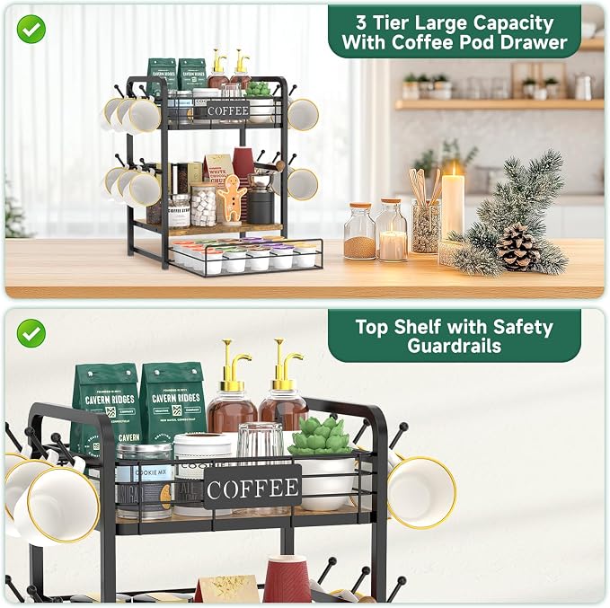 EsLuker.ly Coffee Bar Organizer Station Shelf Mug Holder, with 12 Hooks | 3 Tier Coffee Cup Stand Rack for Countertop, K Cup Pod Organizer Drawer for Home Office, Keeps Essentials Tidy & Accessible