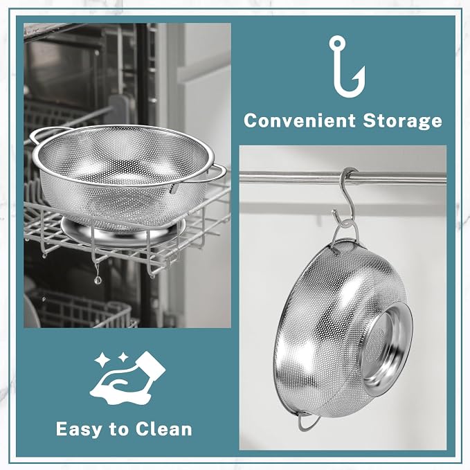Pleafind Colander for Kitchen - 5 QT & 3 QT Stainless Steel Strainer with Handle, Kitchen Strainer Colanders Bowl for Pasta, Noodles, Spaghetti, Vegetables and Fruits, Rust-Resistant & Dishwasher Safe