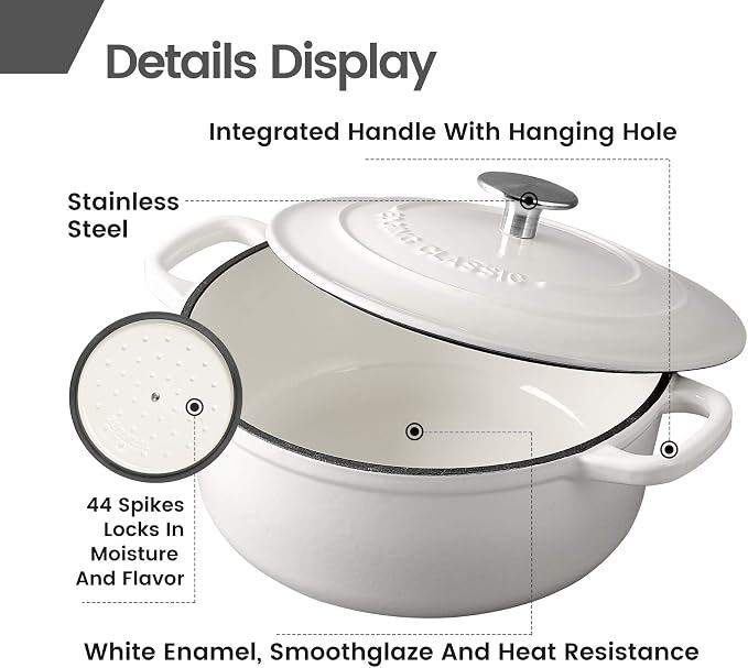 EDGING CASTING Dutch Ovens Enameled Cast Iron Covered 5.5 Quart Dutch Oven with Dual Handle for Bread Baking, White