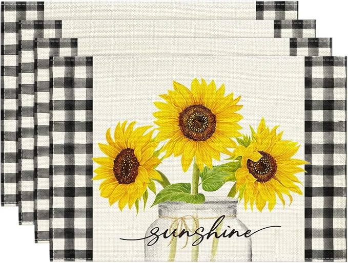 Artoid Mode Buffalo Plaid Sunflower Sunshine Vase Summer Placemats Set of 4, 12x18 Inch Spring Table Mats for Party Kitchen Dining Decoration
