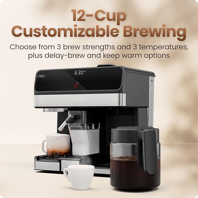 Chefman Coffee Maker Espresso Machine Combo, 8-in-1 Coffee Station with Automatic Milk Frother for Lattes, Cappuccinos, Macchiatos, 20-Bar Pump, 12-Cup Carafe & 3L Water Tank - Black