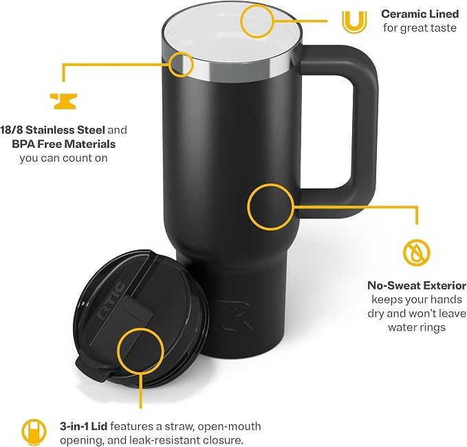 RTIC 30oz Road Trip Tumbler, Insulated, Ceramic Lined, Black | with Lid, Handle and Straw, Stainless Steel Metal Cup, Portable for Hot and Cold Drinks, Coffee, Car, Camping, Travel
