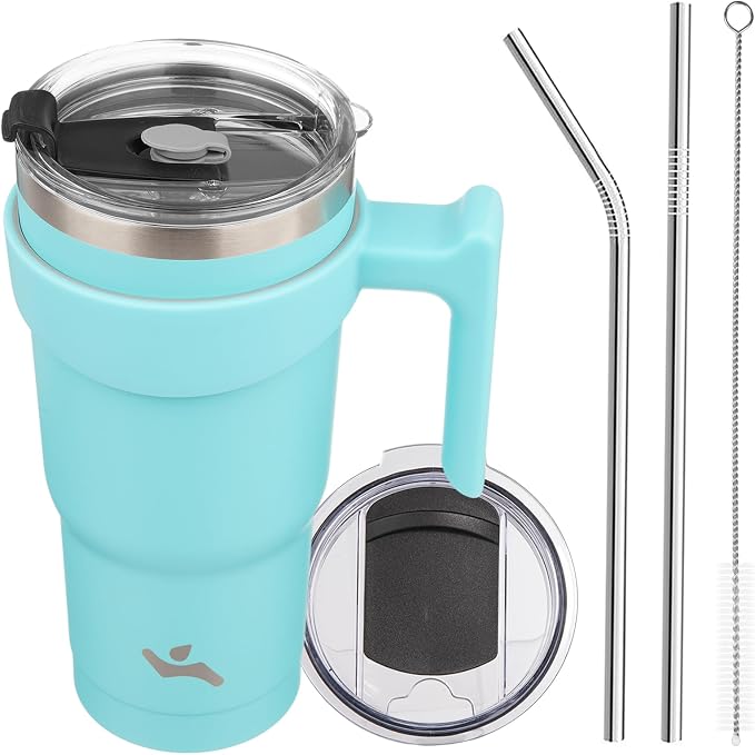 Konokyo 20 oz Tumbler with Handle and Straw, Insulated Travel Mug | Turquoise; BPA-free, leak-proof tumbler with 2 lids, 2 straws, cup holder fit for coffee, office, travel & daily use