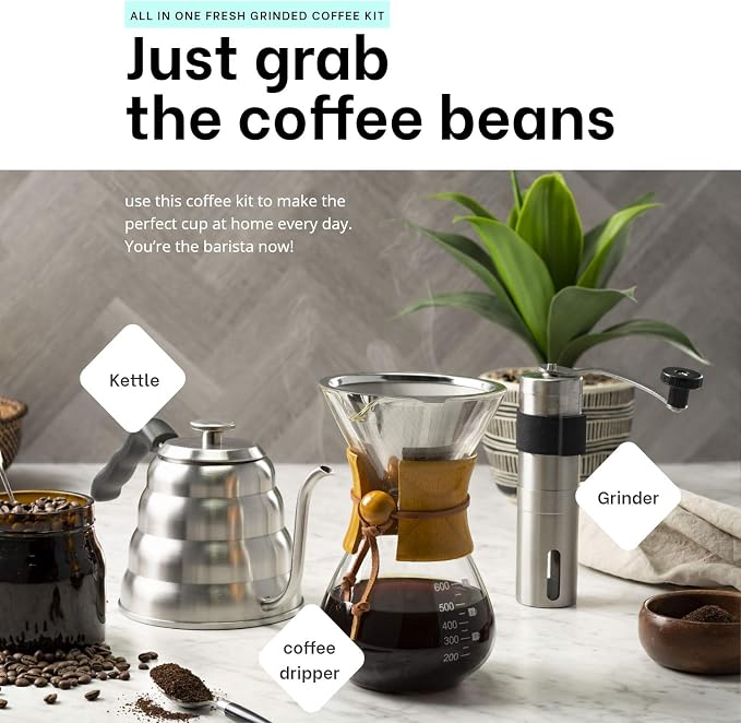 Pour Over Coffee Maker Set | Kit Includes 40 OZ Gooseneck Kettle with Thermometer, Coffee Mill Grinder & 20 OZ Coffee Dripper Brewer | Great Replacement for Coffee Machines