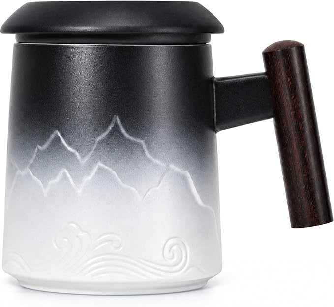Tea Cup with Infuser and Lid, White & Black | 14oz Ceramic Tea Mug with Lid, Loose Leaf Tea Steeper Cup with Wood Handle for Tea Lovers Gifts