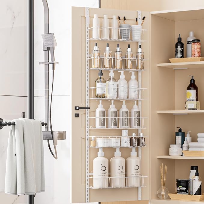 Delamu Adjustable Cabinet Door Organizer, 6-Tier Hanging Spice Rack Organizer, Metal Over the Door Pantry Organizer, Pantry Organizers and Storage Shelves for Kitchen Bathroom Laundry Room, White M