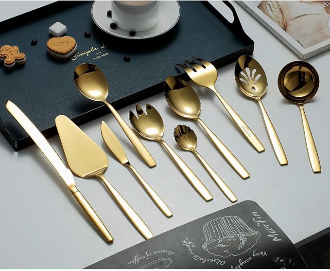 Berglander Gold Serving Utensils 10 Pieces, Titanium Golden Plating Serving Spoons, Included Cake Knife Cake Server Serving Forks Sugar Spoon Salad Spoon Forks Butter Knife Gravy Ladle ect.