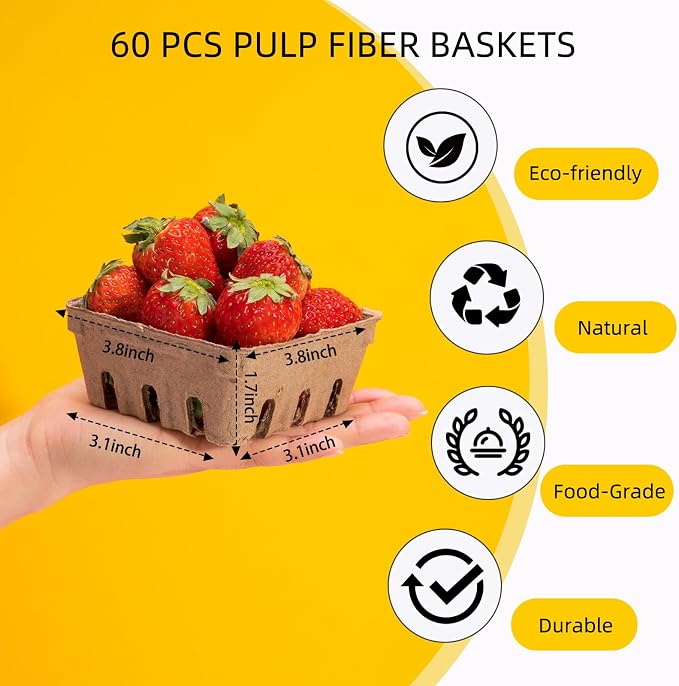 PARBEE 60 Pack Pulp Fiber Berry Basket, 1/2 Pint Vented Containers for Strawberry Blueberry Raspberry Grape Cherry, Small Farmer Market Produce Basket Containers
