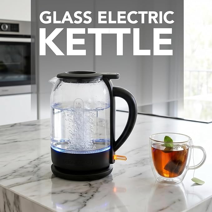 OVENTE 1.5L Glass Electric Kettle Water Boiler, Black KG516B | 1500W Fast Boiling, Easy Fill Lid, Stainless Steel Filter, LED Indicator, Auto Shut-Off, Boil-Dry Protection, 360° Base