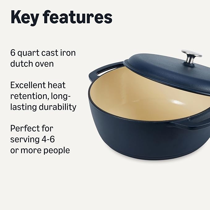 Amazon Basics Enameled Cast Iron Dutch Oven Pot with Lid, Round, Dual Handles, Heavy-Duty, Oven Safe for Stews, Roasting, Baking,6-Quart, Matte Navy