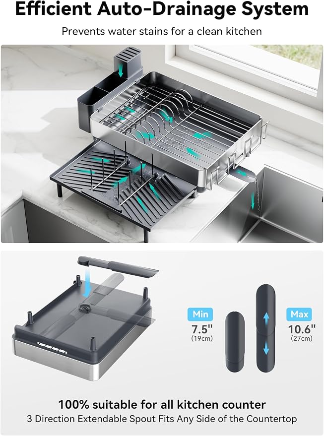 Large Dish Drying Rack, Expandable Dish Racks for Kitchen Counter, Space Saving 304 Stainless Steel Drying Rack Kitchen, Extra Large Drainer with Multifunctional Flip Up Pegs, Gray