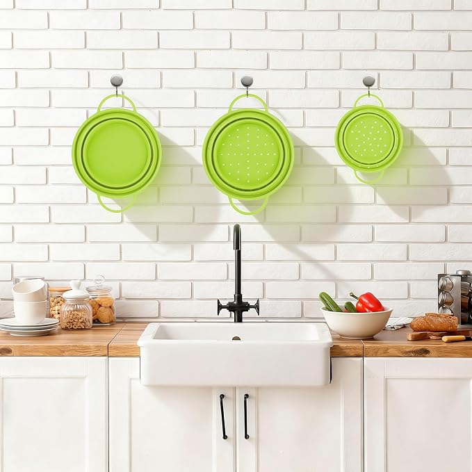 3 Pack Collapsible Colander with Strainer Bowl Set,Green | 11 & 13 In Silicone Colanders for Kitchen, Heat-Resistant Strainer Dishwasher Safe Baskets for Vegetable Fruits