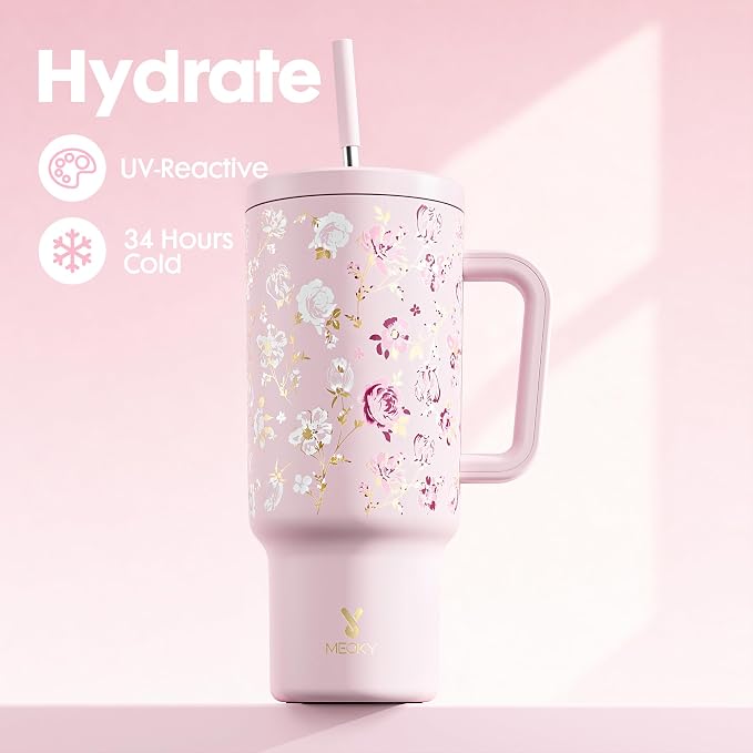 Meoky UV Color-Changing Tumbler: 40 oz Tumbler with Handle and Straw- Stainless Steel Insulated Tumbler for Car Cup Holders - Adults Women (1 Pack, Rose Manor)