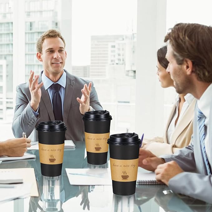 Lamosi 20 oz Coffee Cups 50 Pack, Disposable To Go Paper Cups with Lid | Hot Insulated Cups with Lids, Stir Sticks and Sleeves for Cold Drinks, Tea and Latte, Cafe, Travel and Home Use