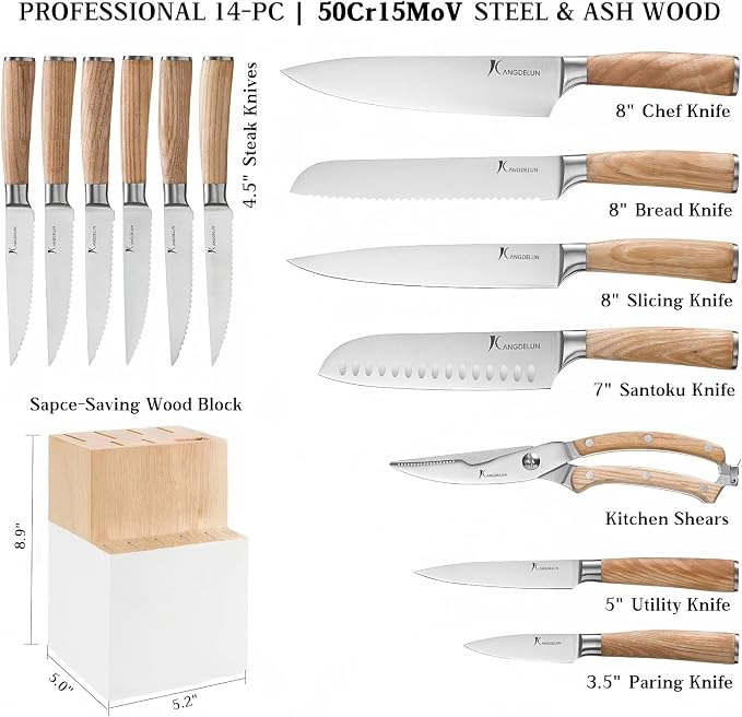 Kangdelun Ultra Sharp 14-Piece Kitchen Knife Set, High Carbon Stainless Steel Blades, Torrefied Natural Wood Handles, Ergonomic Design, Space-Saving White-Finished Wood Block, Easy Hand Wash, Gift Box