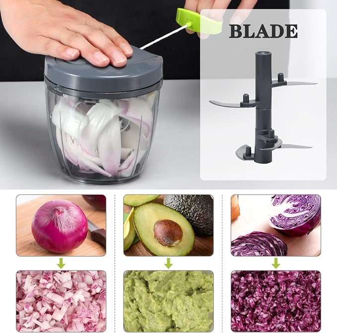 Cambom Manual Food Chopper Vegetable Cutter, Hand String Vegetable Chopper Onions Cutter for Vegetable Fruits Nuts BPA Free Food Safe Material, 900ml Grey
