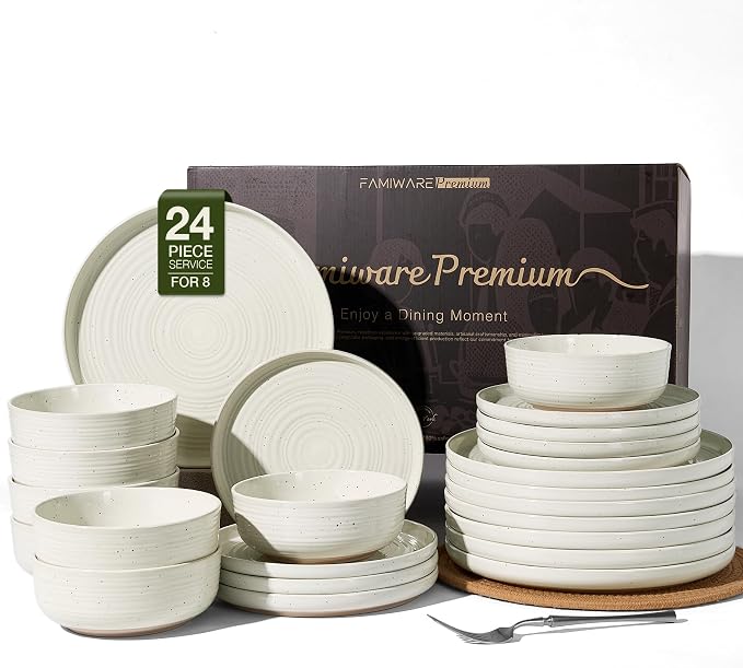 Stoneware Dinnerware Sets for 8, Plates and Bowls, Cream | 24-Piece Ceramic Speckled Spiral Dishes, Chip & Scratch Resistant, Microwave & Dishwasher Safe, Everyday Use, Farmhouse Style
