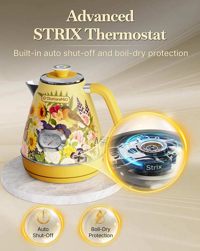 Olumaramio 1.7L Retro Electric Kettle with Thermometer, Floral Design | 304 Stainless Steel, 1500W Fast Boiling, Auto Shut-Off, Boil-Dry Protection, BPA-Free