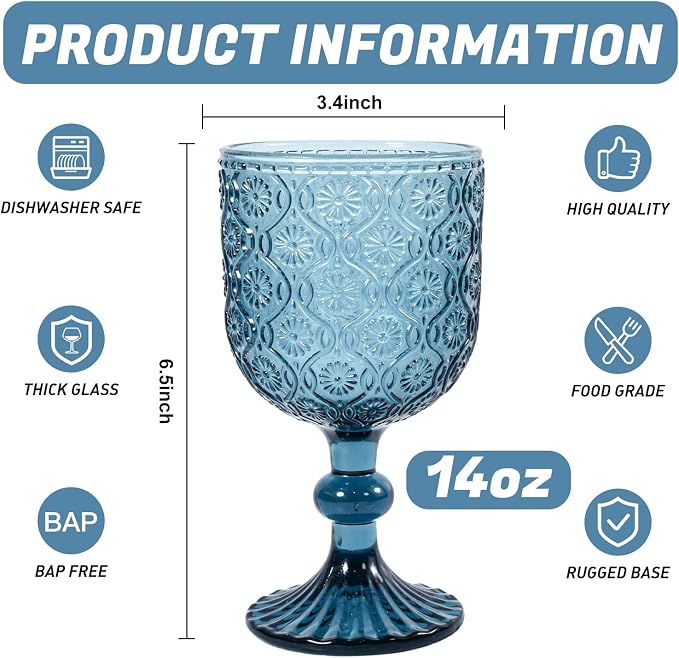CHLJAR Colored Wine Glass Goblet Set of 6, 14 oz Blue Goblets Glassware, Blue Vintage Glassware for Weddings, Parties, Restaurants, Family Gatherings, Bars, Cafeterias, Dishwasher Safe