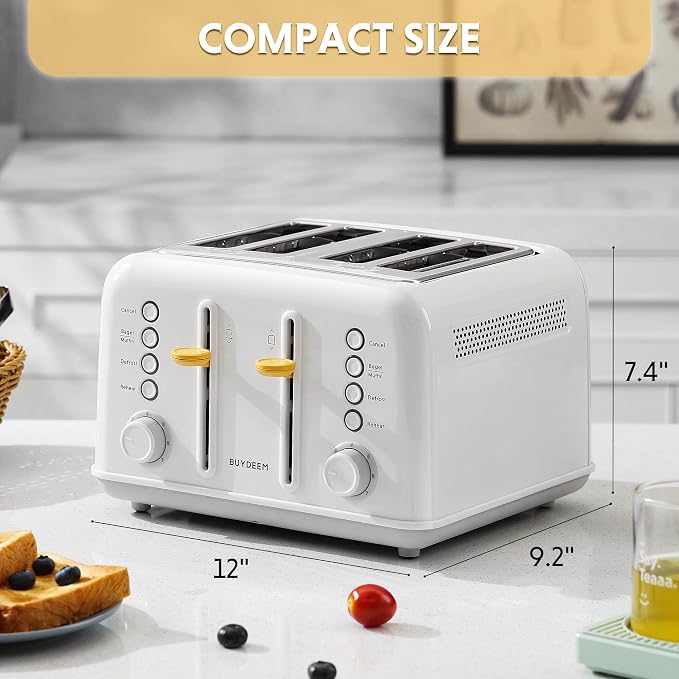 BUYDEEM DT640 4-Slice Toaster, 7 Shade Settings, Extra Wide 1.5’’ Slots for Bagel & English Muffin, 6 Toasting Functions, Retro Stainless Steel Toaster with High Lift Lever, 1800W, Arctic White
