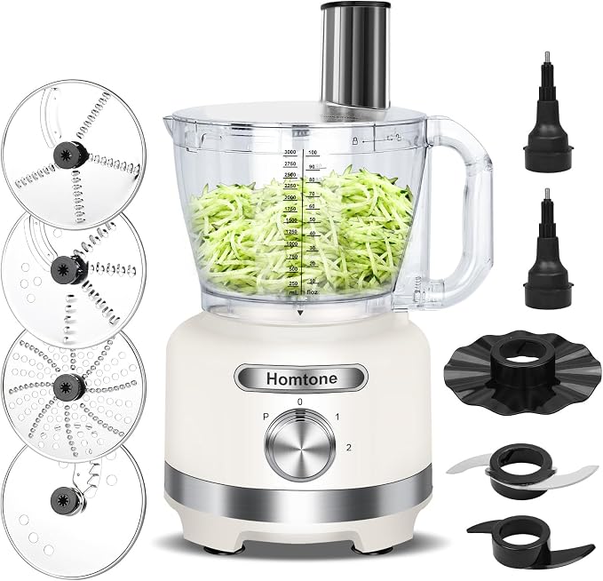 Homtone 16-Cup Food Processor, Large 9-IN-1 Food Veggie Chopper for Home Meal Prep, 7 Blades for Shredding, Slicing, Chopping, Kneading, Emulsifying, Dishwasher Safe, 600W (White, 16 cup)